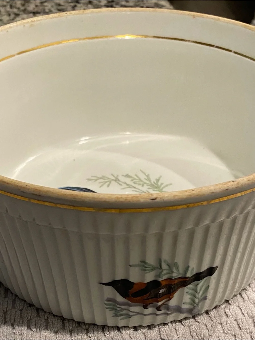 L.LOURIOUX Vtg Bakeware Souffle Dish Bird Le Faune Porcelain Gold Rim CERP3-965